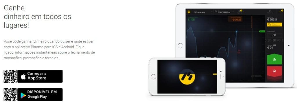 A Binomo oferece aplicativos de negociação para celulares e tablets