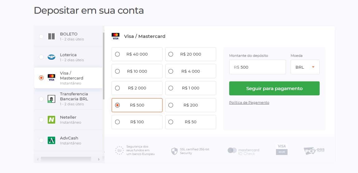 depositar e sacar lucros de op&ccedil;&otilde;es bin&aacute;rias