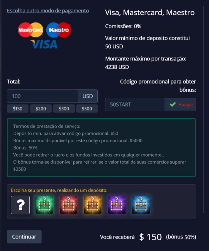 exemplo de dep&oacute;sito com bonus na pocket option