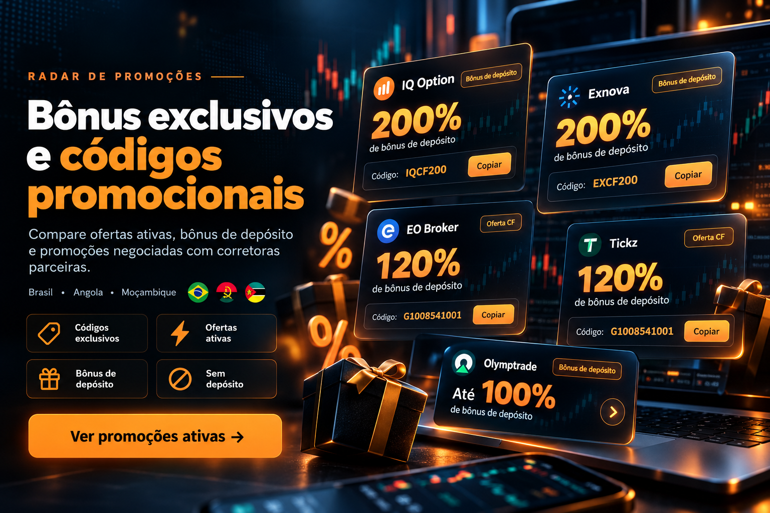 Promo&ccedil;&otilde;es das corretoras de op&ccedil;&otilde;es bin&aacute;rias, b&ocirc;nus de dep&oacute;sito e c&oacute;digos promocionais de parceiros